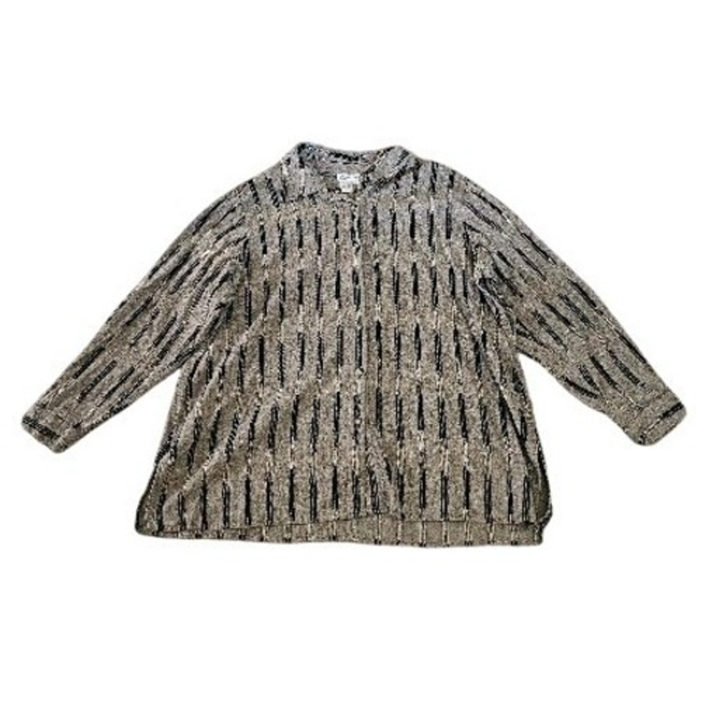 Coldwater Creek Button Front Shirt Womens 3X Black Tan Stripe Cotton Lagenlook